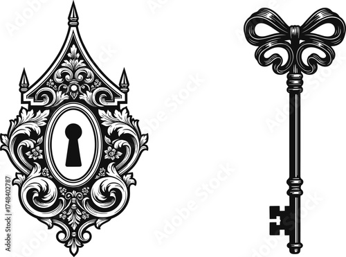 Vintage key, ornate keyhole plate, antique lock design, Victorian style, decorative metalwork, classic silhouette, elegant scrollwork, historical object, retro illustration