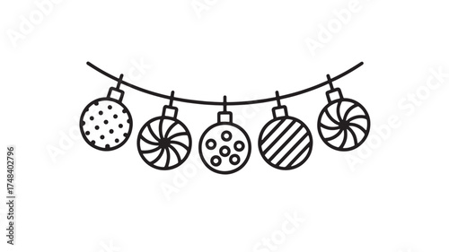 Festive string of Christmas ornaments with various patterns