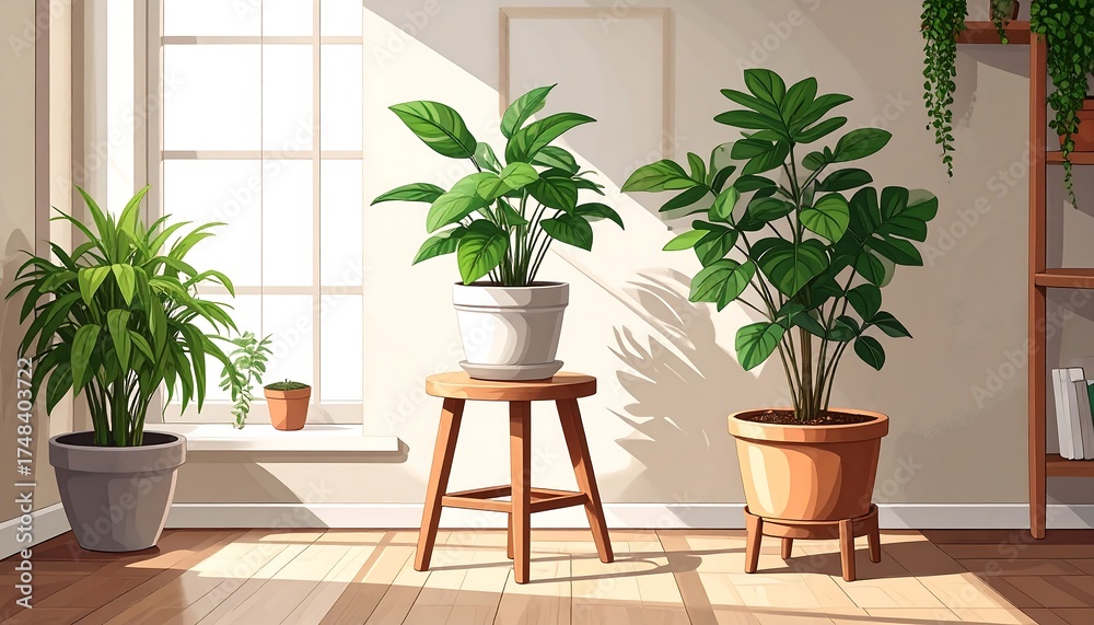Fototapeta premium Sunlight streams into a room filled with potted plants. Cozy and bright interior scene