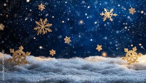 Golden snowflakes falling on a snowy landscape against a dark blue night sky