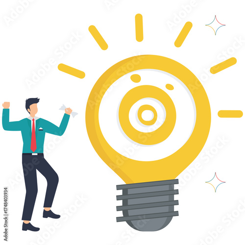Cheerful businessman celebrates a bright idea near a huge lightbulb, embodying innovation, achievement, and eureka moments for creative projects