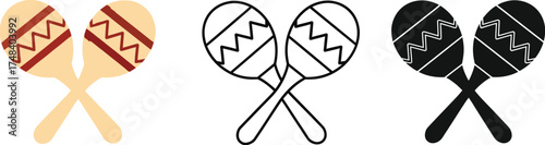 Three versions of maracas in color outline and silhouette illustration