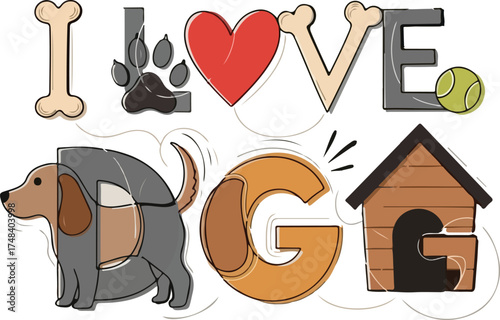 I Love Dog Cute Typography Design with Paw, Bone, and Dog House Elements