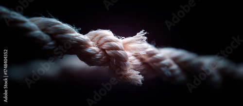 Close-up of a frayed rope under tension symbolizing stress, fragility, and the breaking point — detailed macro concept representing risk, pressure, and emotional strain in life or business