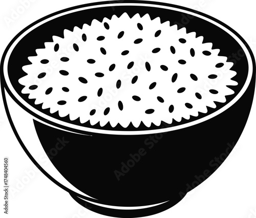Black and white illustration of a bowl of rice on transparent background silhouette