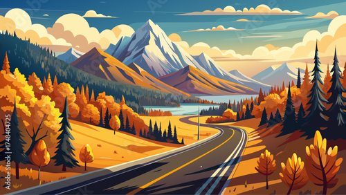 Very beautiful highway through the Cascade Mountains surrounded by golden Western Larch trees in fall, vector-style scene showcasing autumn brilliance and peaceful wilderness.