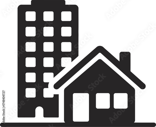 Simple black building and house icons useful for design on transparent background silhouette