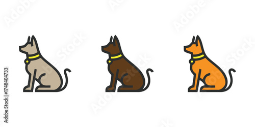 Set of three stylized dog icons in different colors (grey, brown, and orange) sitting and wearing a collar with a bell. Ideal for pet shops, animal care, vet clinics, or domestic animal projects.