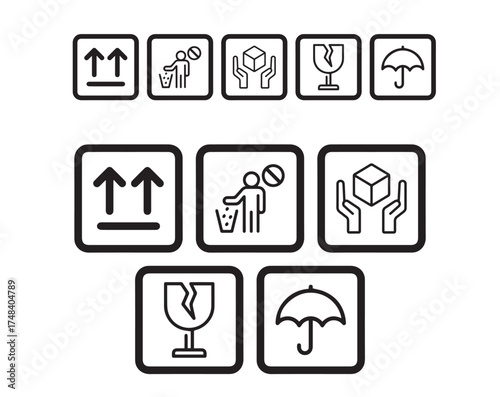 Black outlined EPS vector of universal packaging icons. Includes fragile glass, keep dry, handle with care, this way up, and dispose properly symbols for box labeling, logistics, transport, and delive