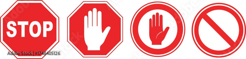 Four different red and white prohibition and stop signs on white background