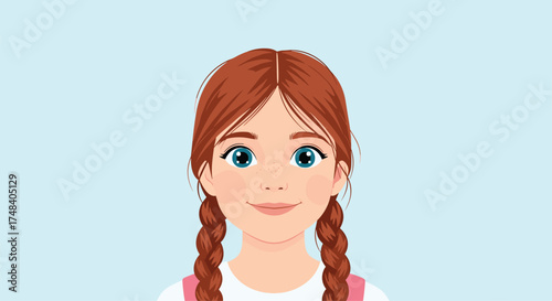 A friendly young girl with braided auburn hair and bright blue eyes smiles gently.