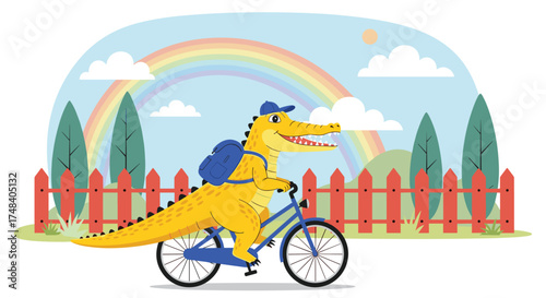 A happy alligator rides a bicycle under a rainbow after a rain shower.