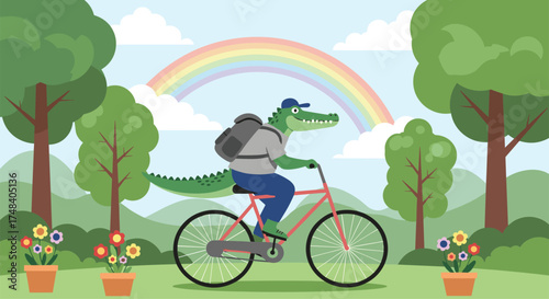 A happy alligator rides a bicycle through a park with a rainbow in the sky.
