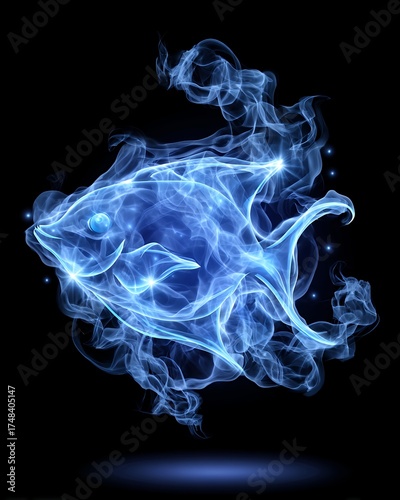 Abstract Blue Fish Made of Smoke and Light on a Black Background