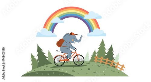 An adventurous elephant rides a bicycle under a vibrant rainbow after a gentle rain shower.