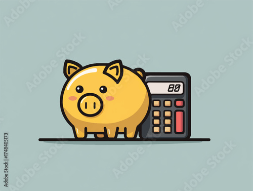 Illustration of a cute yellow piggy bank alongside a calculator representing financial planning saving money and budgeting for future goals and investments with a simple background