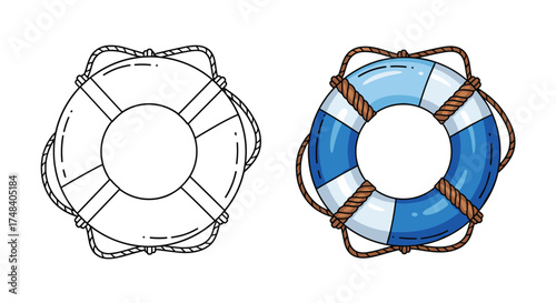 A detailed illustration of a life preserver ring with rope accents in blue and white colors.