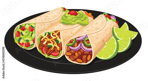 Delicious burritos filled with savory ingredients and fresh toppings served on a black plate.