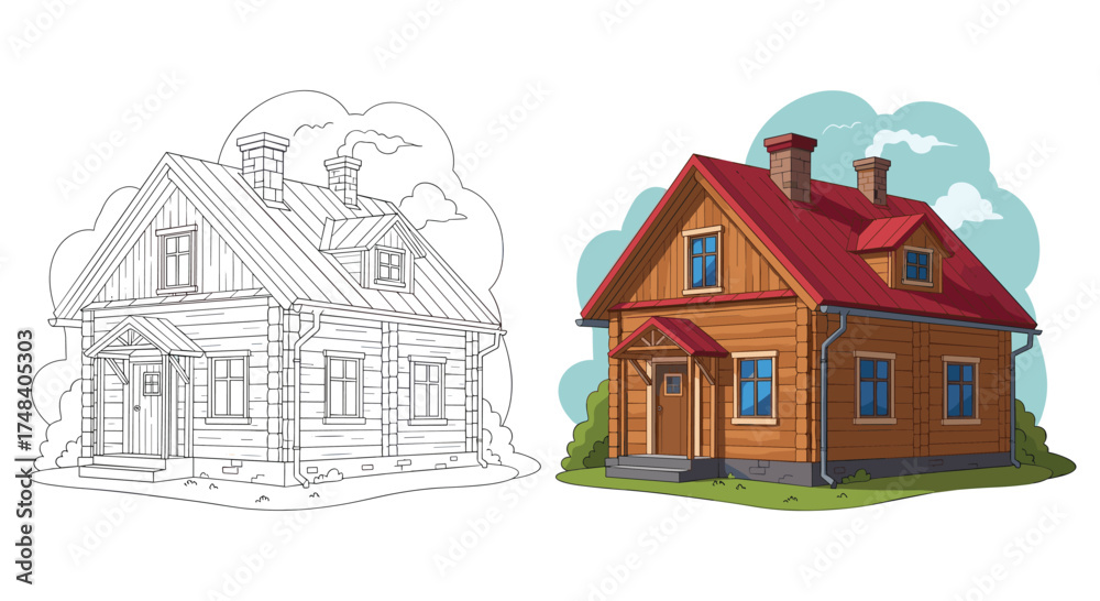 Fototapeta premium A detailed sketch of a charming wooden house beside a colorful illustration of the same residence.