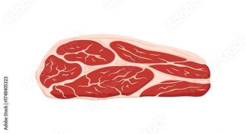 A marbled cut of raw beef with visible fat deposits and muscle fibers for culinary preparation.