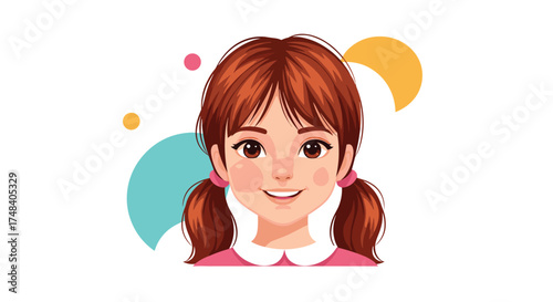 A cute cartoon girl with brown pigtails and a happy smile is featured in this illustration.