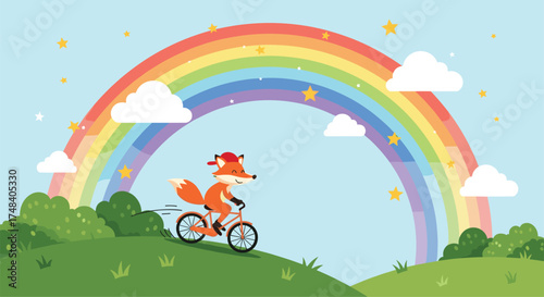 A cheerful fox enjoys a delightful bicycle ride under a vibrant rainbow in a whimsical meadow.