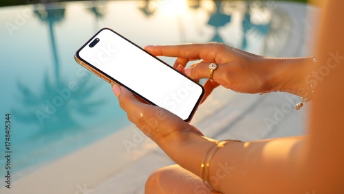 photograph of a beautiful young woman relaxing beside a luxury infinity pool, elegantly holding a mobile smartphone with a bright white screen