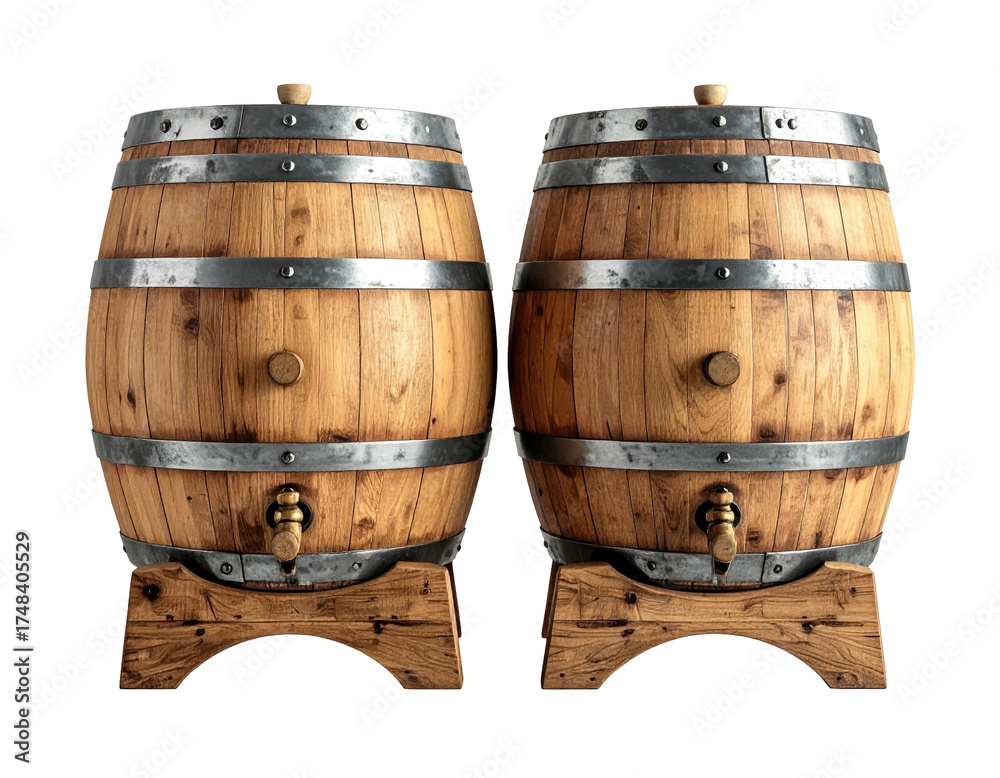 Fototapeta premium Two wooden barrels on stands