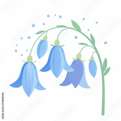 Artistic bluebell illustration with green stems and leaves isolated on white
