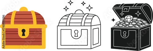 Three treasure chest illustrations in color outline and silhouette
