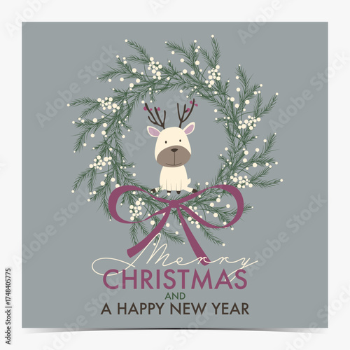 Merry Christmas - cute greeting card, postcard, invitation with adorable reindeer inside of the beautiful green wreath with purple bow on blue background, vector illustration