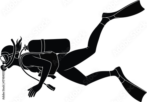 Black scuba diver illustration swimming underwater ideal for projects on transparent background silhouette
