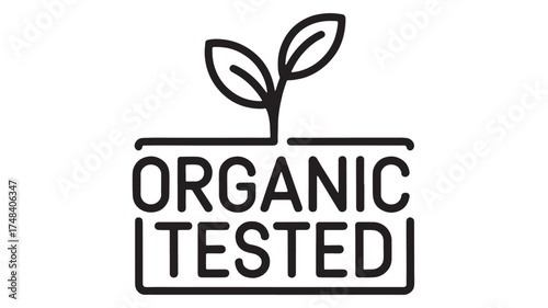 Simple black and white icon representing organic and tested quality with a growing plant sprout.