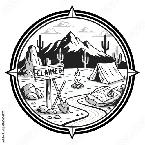  Vintage Prospecting claim badge vector with crossed pickaxes and gold rush mining elements