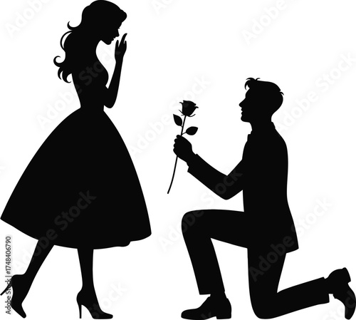 Romantic proposal scene with a couple black silhouette on transparent background