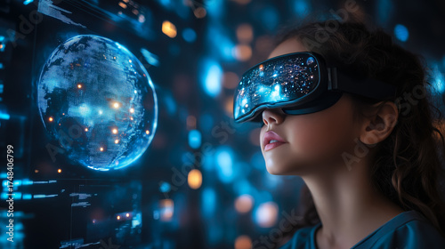 A girl wearing VR glasses interacts with a holographic globe. Generative Ai.