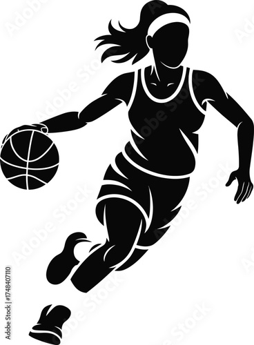 Female basketball player dribbling a ball dynamic pose on transparent background silhouette
