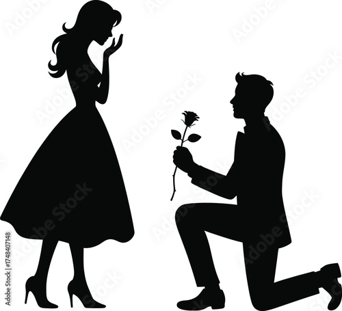 Romantic proposal scene with couple in black silhouette on transparent background