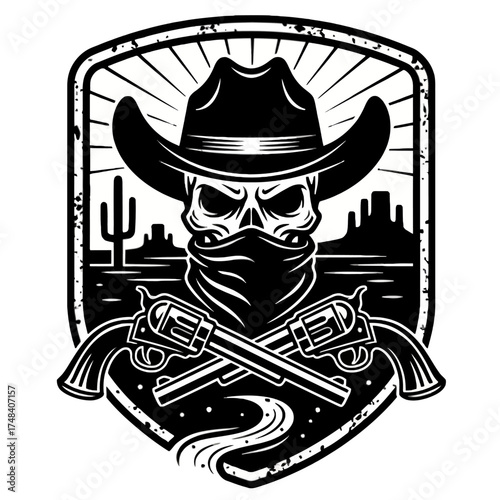 Bandit Mask Badge Vector: Cowboy Skull Outlaw Icon with Crossed Guns in a Western Desert Landscape Shield