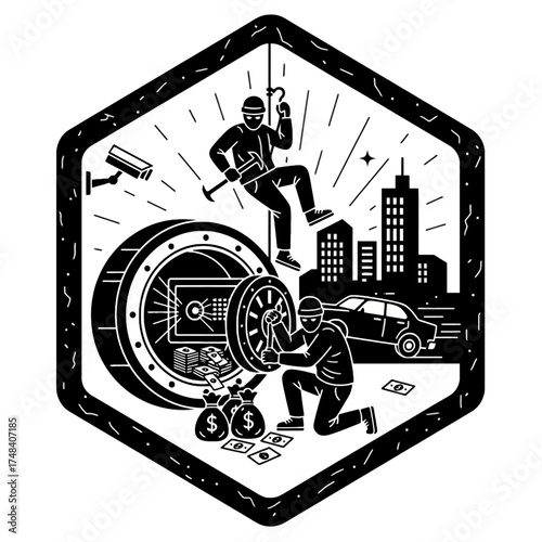 Bank Heist Badge Vector: Thieves Robbing Vault Icon with Safe, City Skyline, and Security Camera, Crime Emblem Design