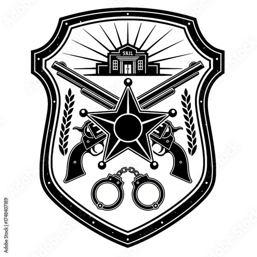 Sheriff's Office Emblem Vector: Vintage Law Badge with Star, Jailhouse, Revolvers, and Handcuffs for Western Justice