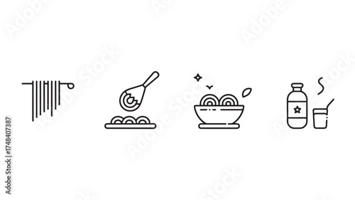 Simple line art icons depicting the process of preparing and serving pasta dishes.
