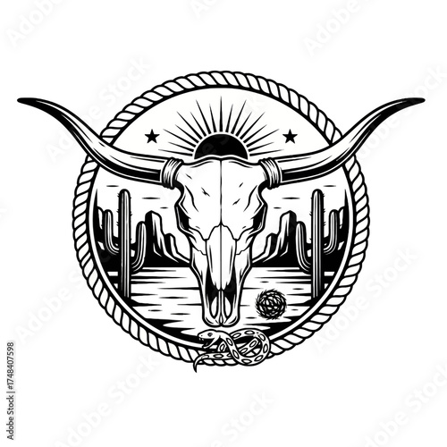 Vintage Longhorn Skull Badge Vector Illustration: Western Cow Head Emblem with Desert Landscape, Sunburst, Cactus, and Snake, ideal for a Texas Ranch Logo or Retro T-Shirt Design