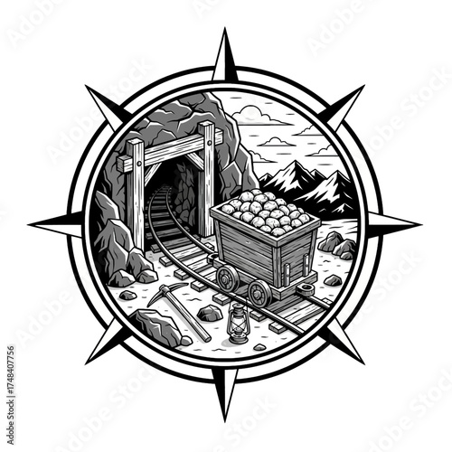 Vintage Mining Cart Badge Vector Illustration: Gold Rush Exploration Emblem with Mine Entrance, Full Ore Cart, and Mountain Landscape for Industrial Adventure Logo