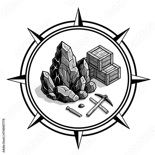 Detailed Silver ore badge Vector Illustration: Gold Mining Industry Emblem with Raw Minerals, Wooden Crates, and Pickaxe, ideal for Treasure Hunt Logo or Industrial Design