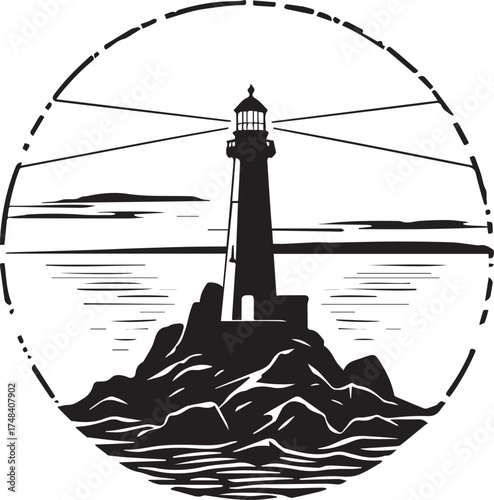 Lighthouse silhouette illustration — black and white stylized coastal scene with beams, rocky base, and circular frame design