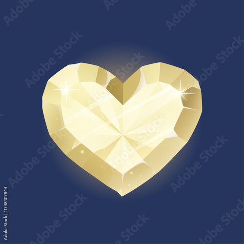 Heart Shaped Yellow Diamond Gemstone With Light Reflections on Dark Blue Background