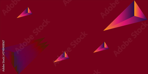 a futuristic abstract composition with glowing 3D neon pyramids floating in a red-to-purple gradient space. Each element creates a sense of depth, energy, and modern digital dimension. 