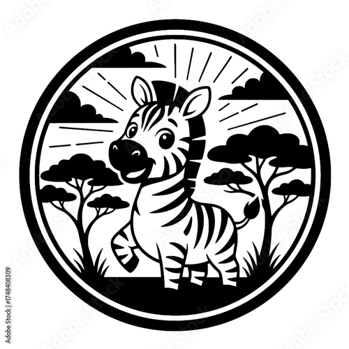 Cute Cartoon Zebra Badge Line Art Icon on African Savanna, Black and White Vector Coloring Book Illustration