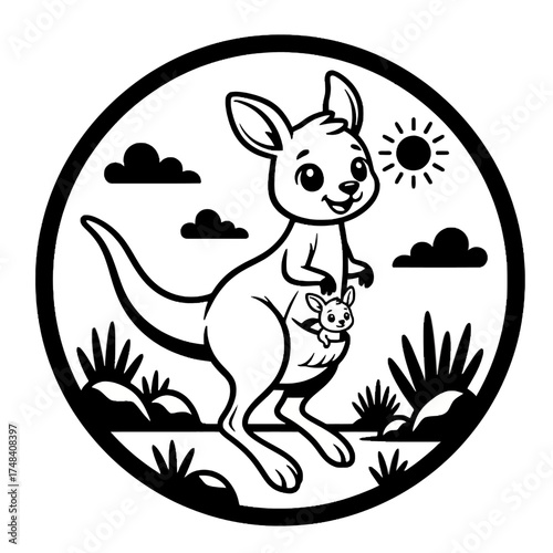 Cute Cartoon Kangaroo Badge Line Art Icon, Mother and Joey Marsupial Vector Coloring Book Illustration